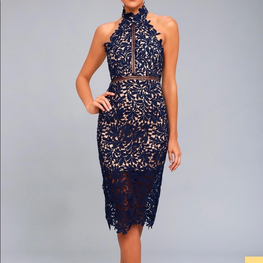 Navy blue lace halter midi dress